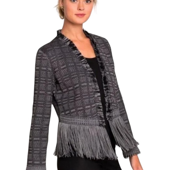 NIC+ZOE Charcoal Textured Blazer With Fringe Hem And Ruffled Collar - Picture 1 of 6
